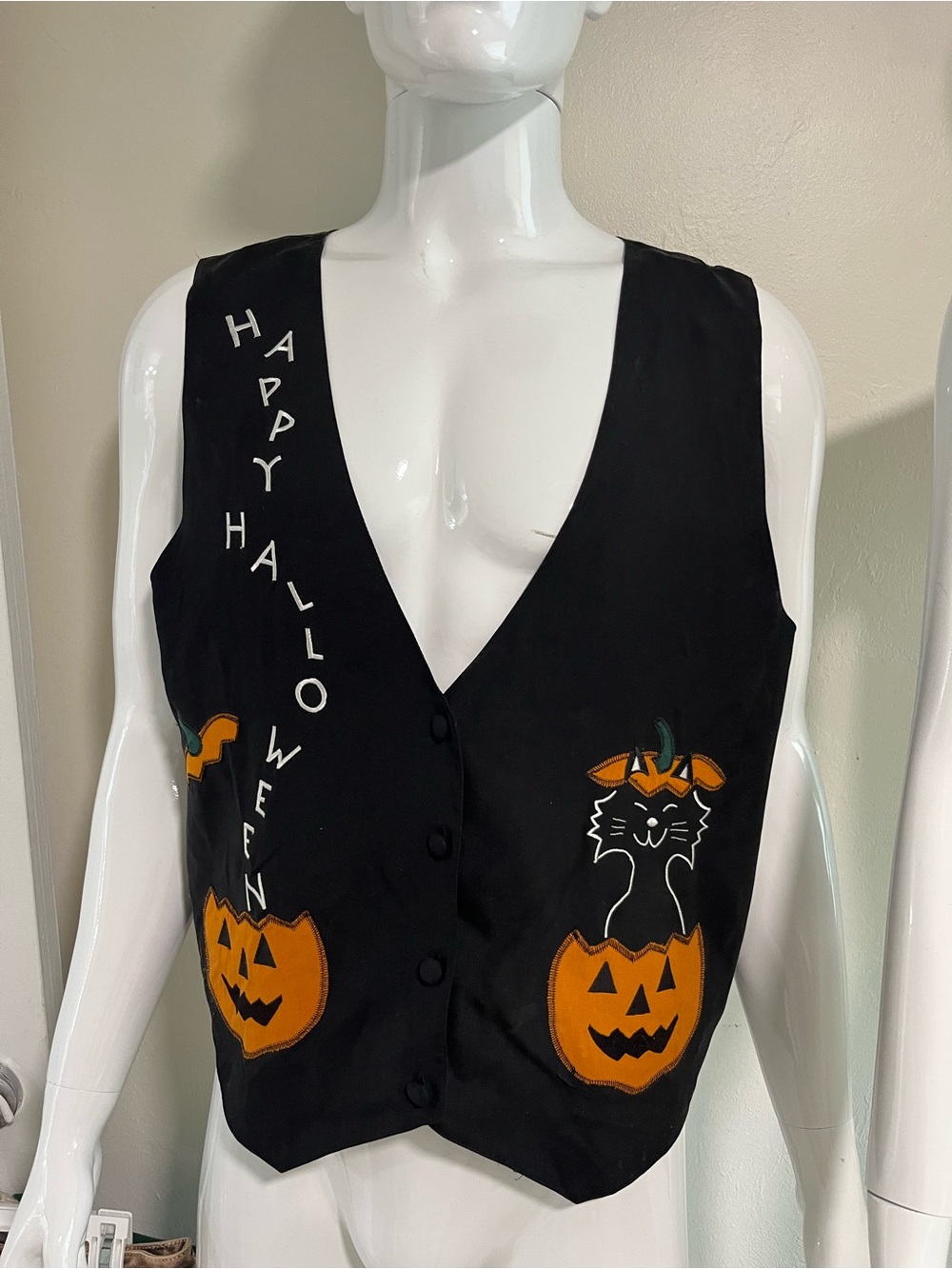 Vintage Happy Halloween Black Cat and Jack O Lantern Vest.